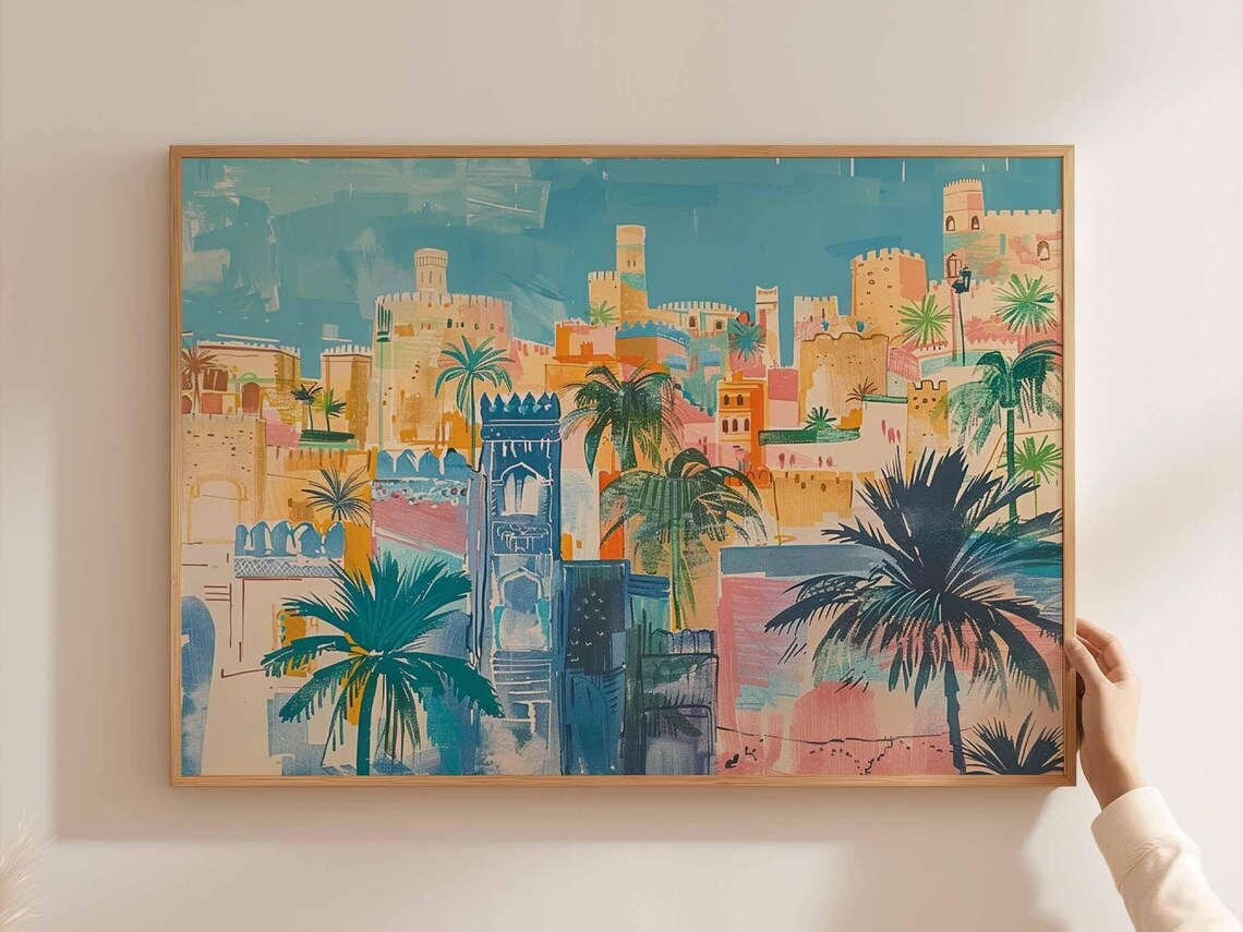 Baghdad Iraq Travel Poster of Old Town with Towers and Palm Trees