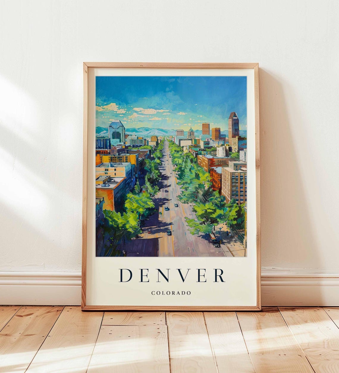 Denver Colorado Tree Lined Avenue Skyline Daytime Art Poster