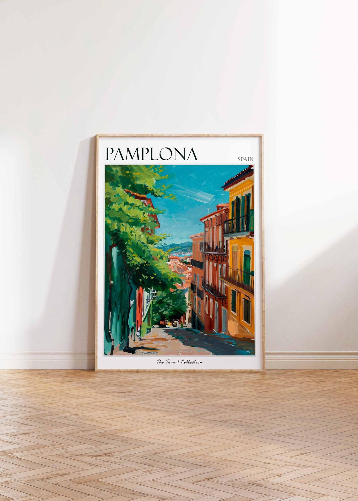 Pamplona Spain Leafy Old Street Green Trees Painting Travel Poster - Image 2