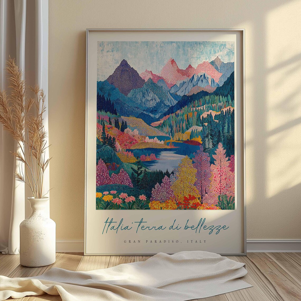 Gran Paradiso Italy Vibrant Folk Art Alpine Mountains Lake Poster - Image 2