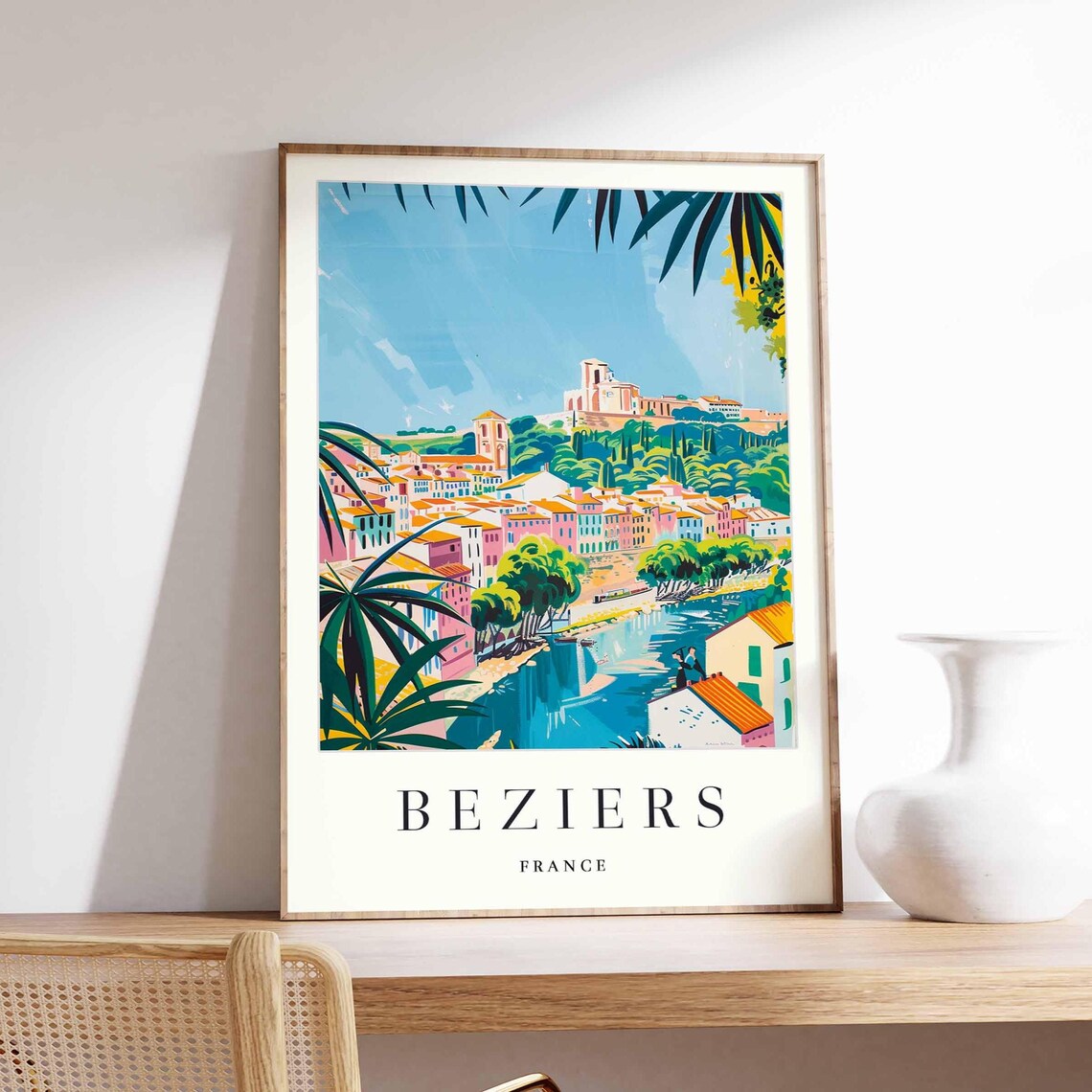 Beziers France Travel Art River Old Town Cathedral View Print