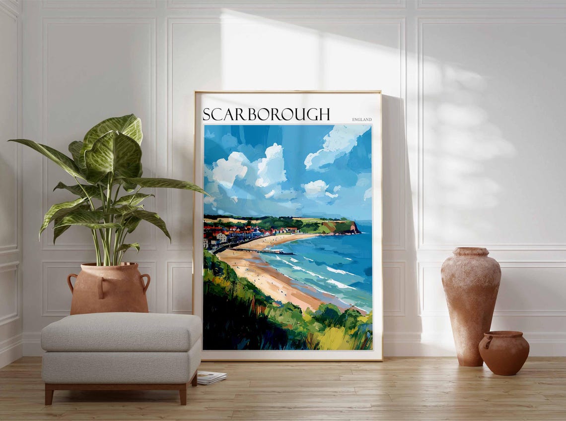 Scarborough Headland Town And Beach Pastel Poster England Coast - Image 2