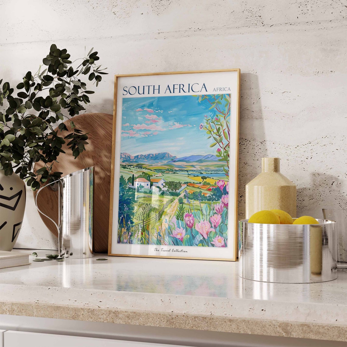 South Africa Vineyard Valley Pink Blossoms Mountain View Poster - Image 3