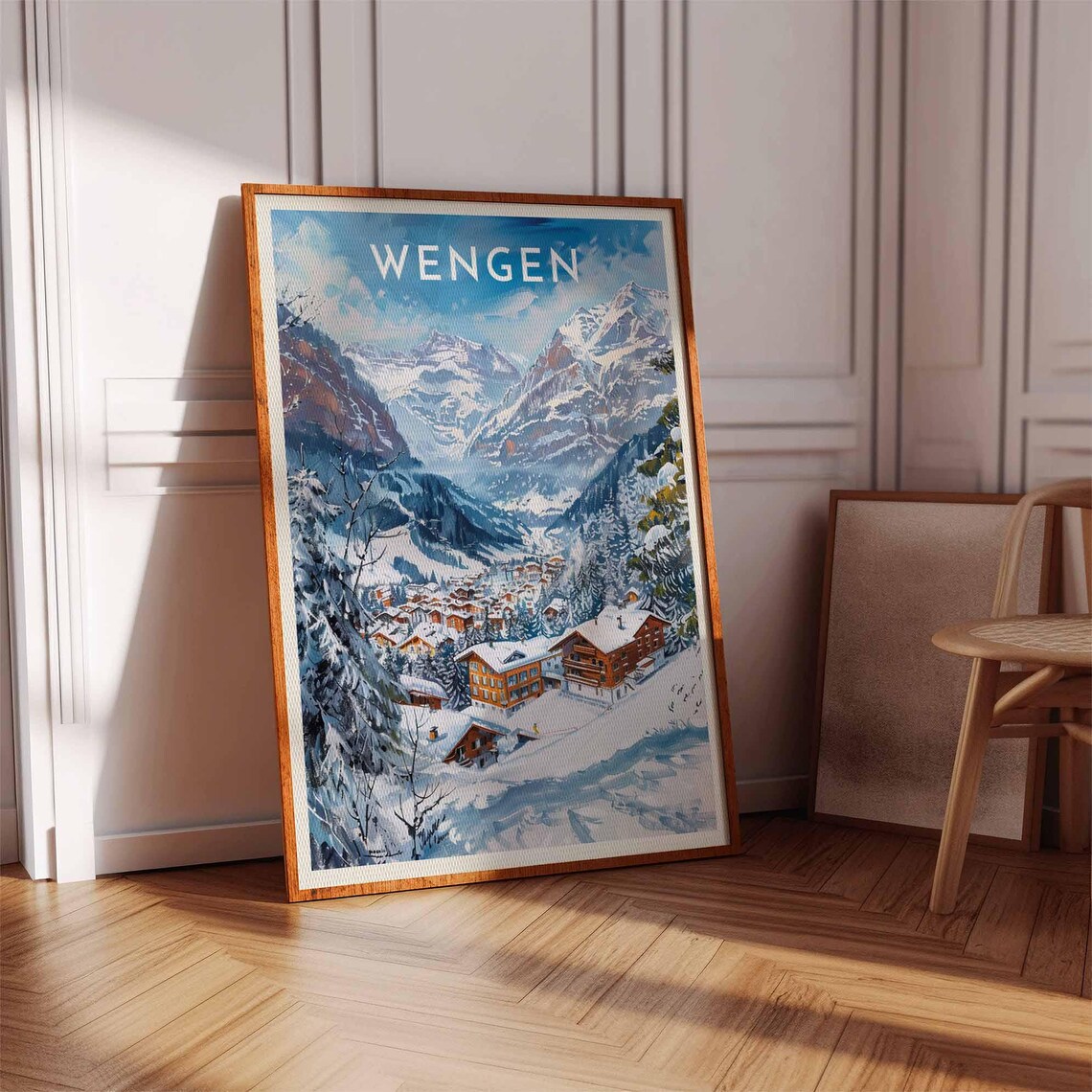 Wengen Switzerland Mountain Bowl Village Winter Scene Travel Poster - Image 3