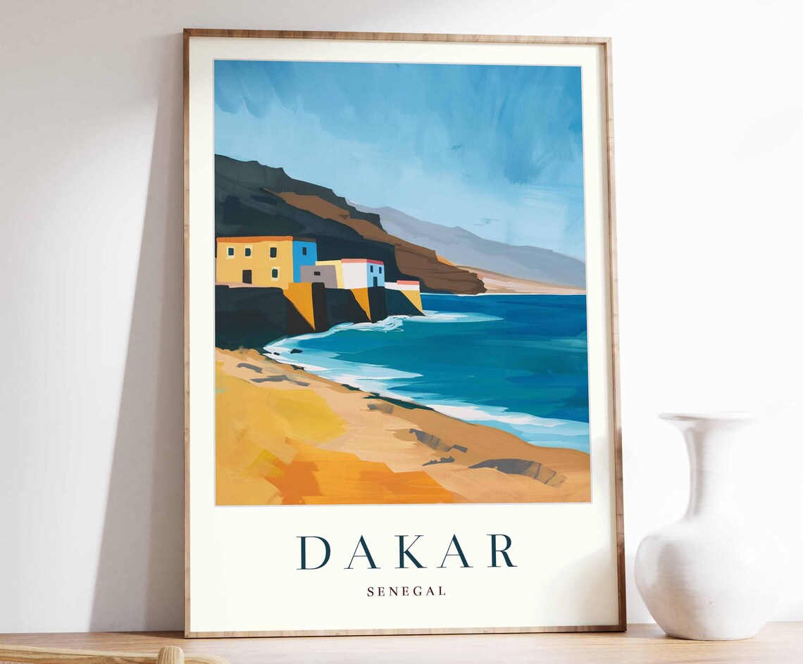 Dakar Senegal Colorful Coastal Village Blue Sea Flat Art Travel Poster