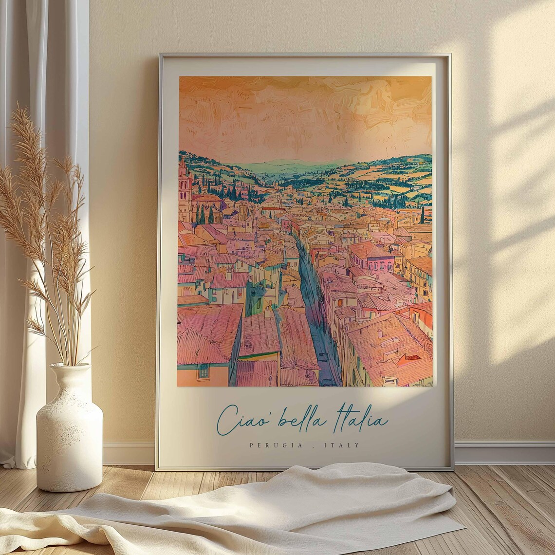 Perugia Italy Golden Sunset Rooftops Panorama Scene Travel Poster - Image 2