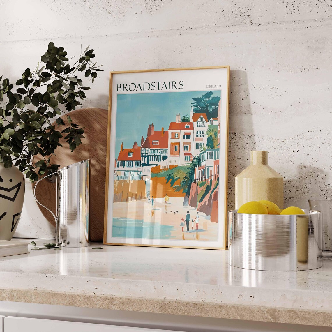 Broadstairs Kent Cottage Roofs Overlooking the Beach Illustration Poster - Image 2