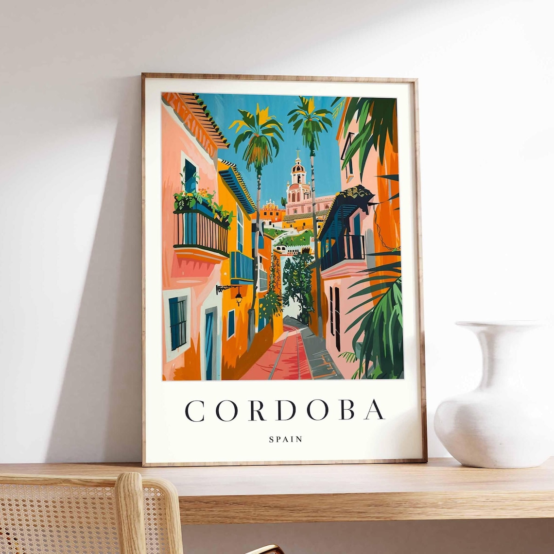 Cordoba Spain Colorful Old Street Church Tower Travel Poster