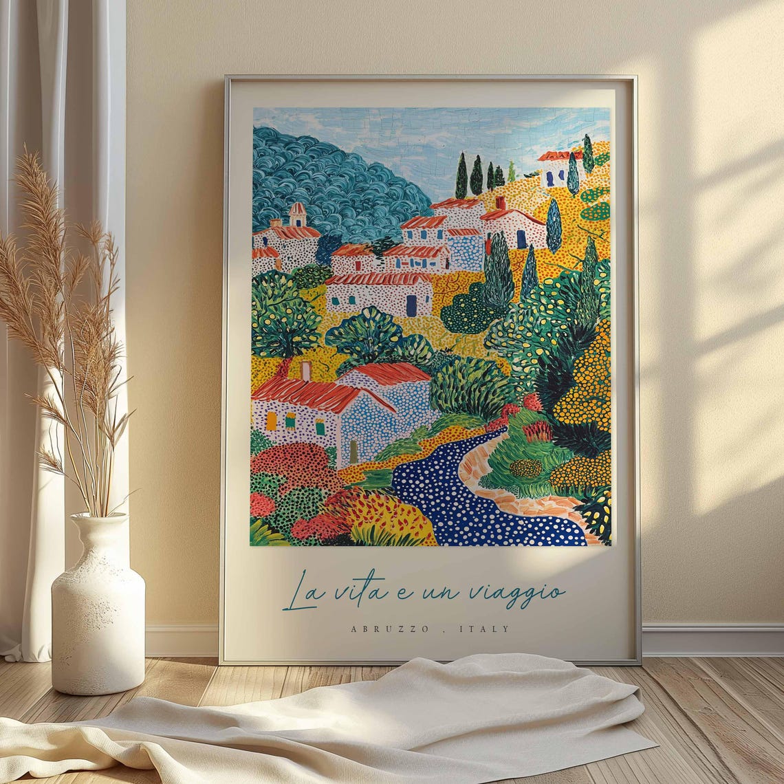 Abruzzo Dotted Folk Art Hillside Village Red Roofs Travel Poster - Image 2