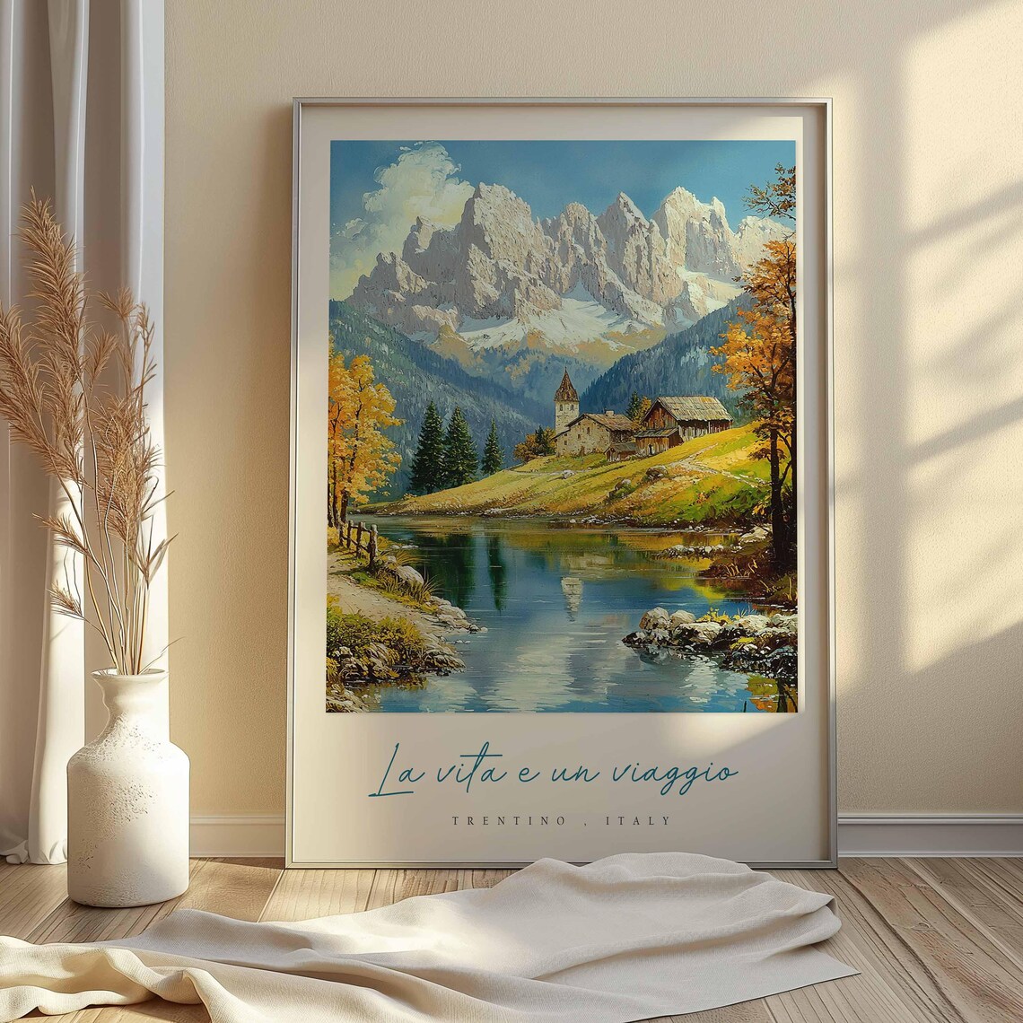 Trentino Italy Dolomites Lake Painting Autumn Church Farmhouse Poster - Image 2