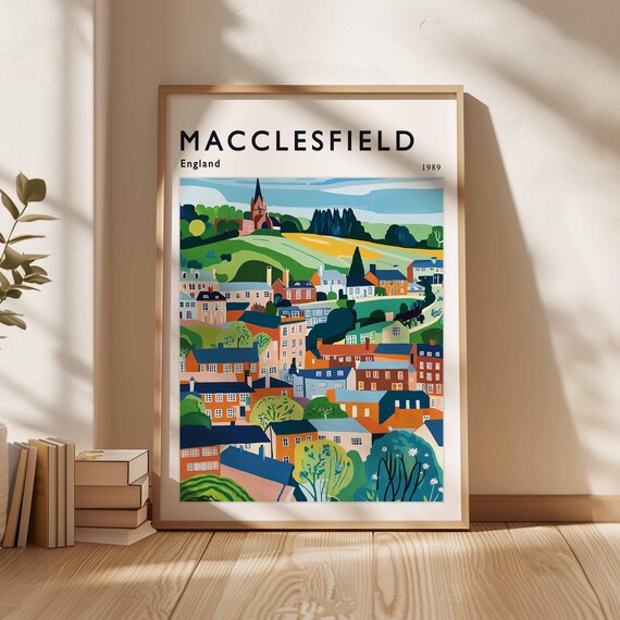 Macclesfield England 1989 Church On Hill Colorful Town Painted Travel Poster