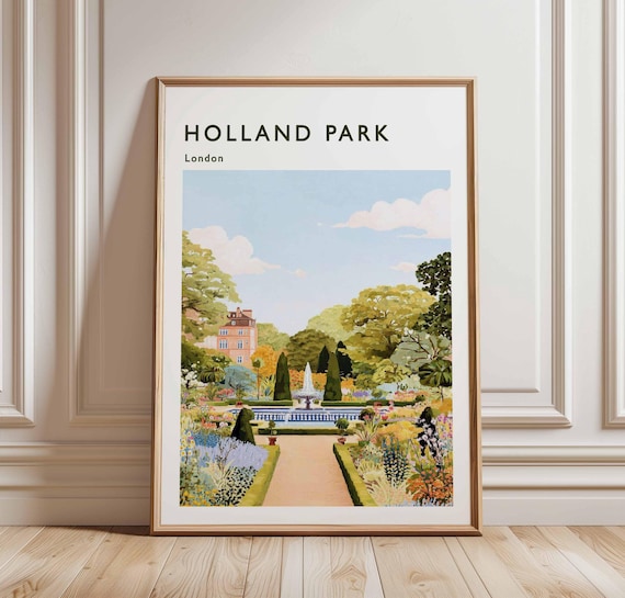 Holland Park London Formal Gardens Fountain Scene Travel Poster