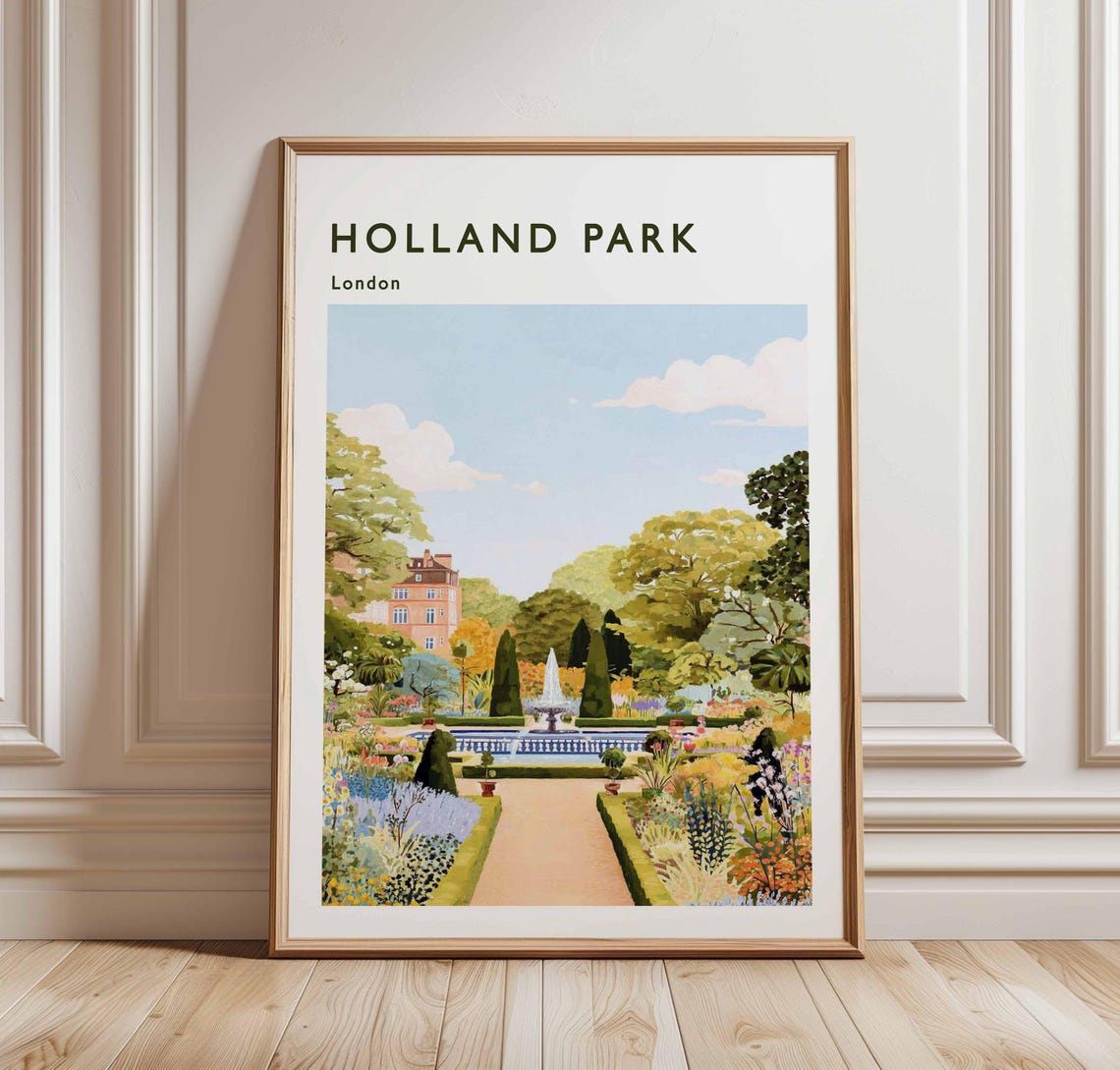 Holland Park London Formal Gardens Fountain Scene Travel Poster