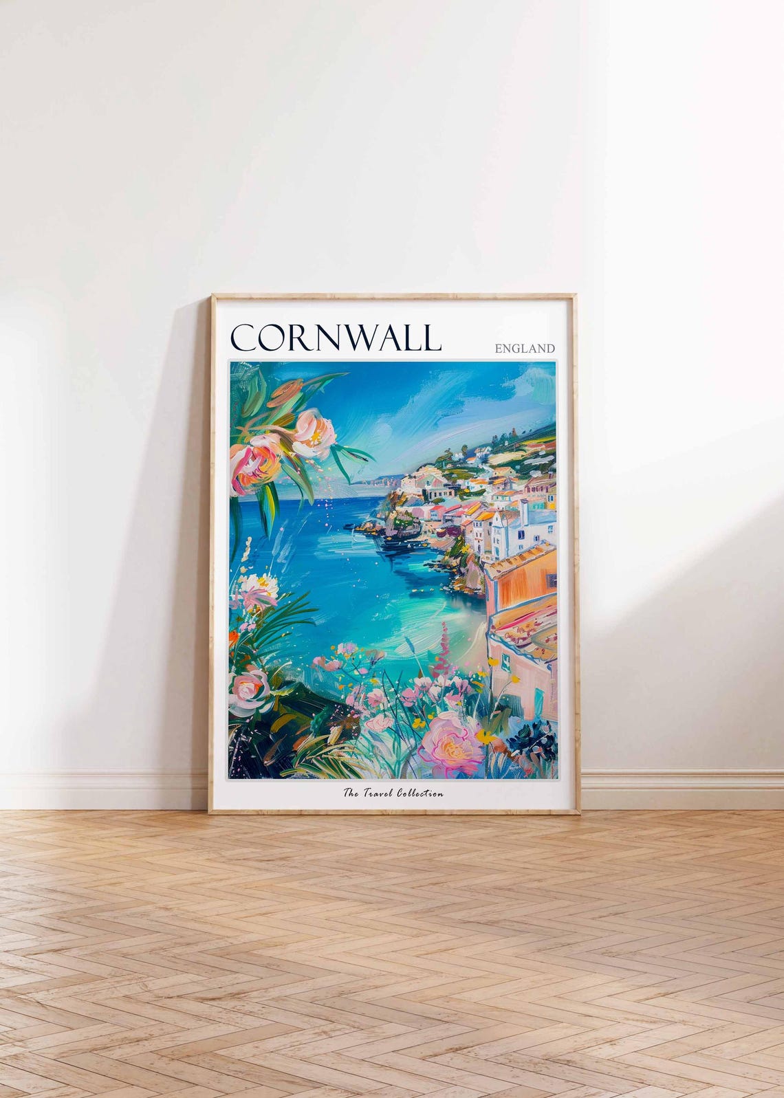 Cornwall England Harbor Village Floral Framed Coastal Art Poster - Image 2