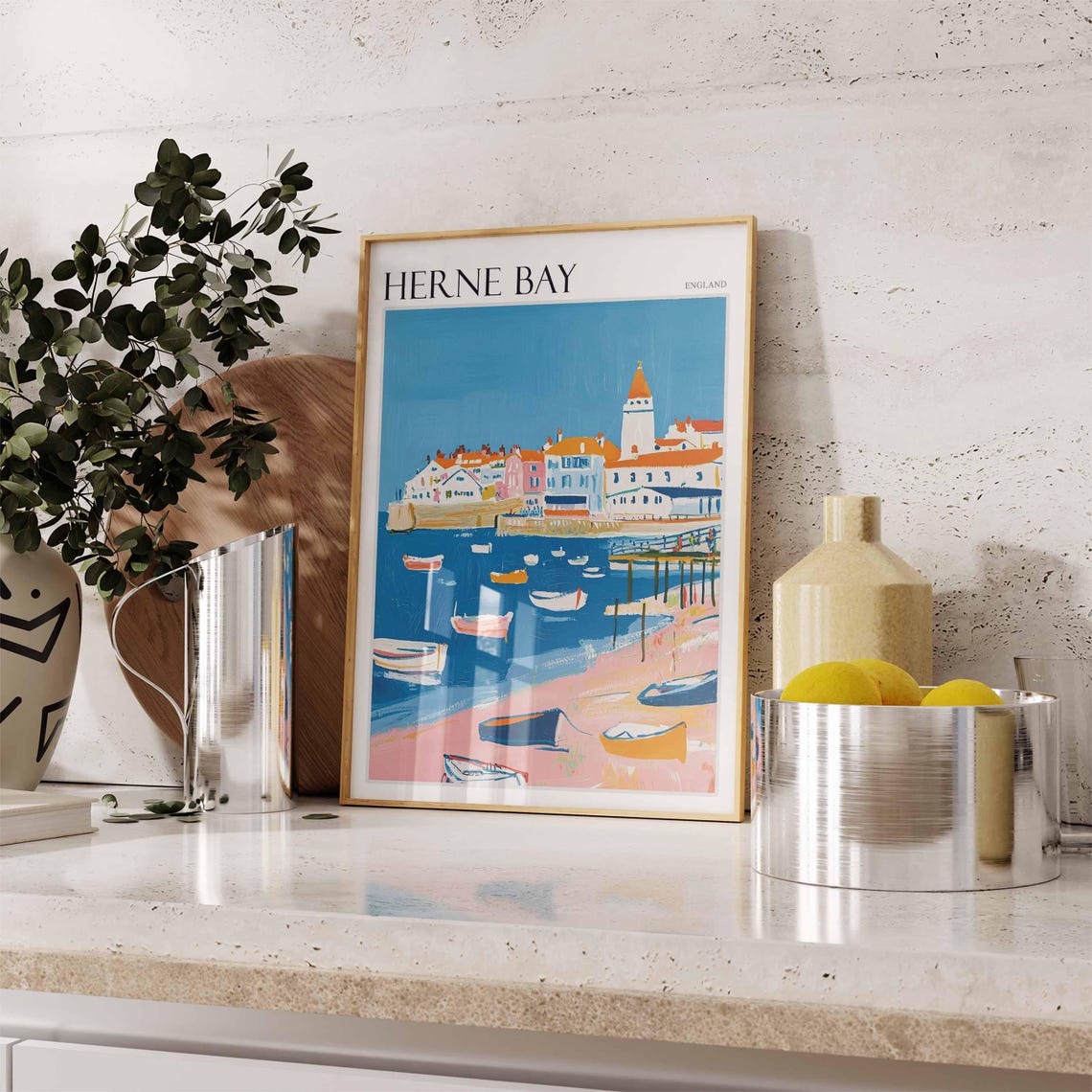 Herne Bay England Clock Tower Pier Rowboats Pink Sand Poster - Image 2