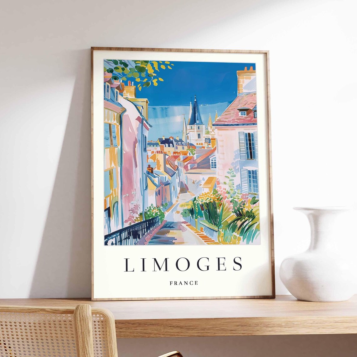 Limoges France Old Street Church View Watercolor Travel Poster