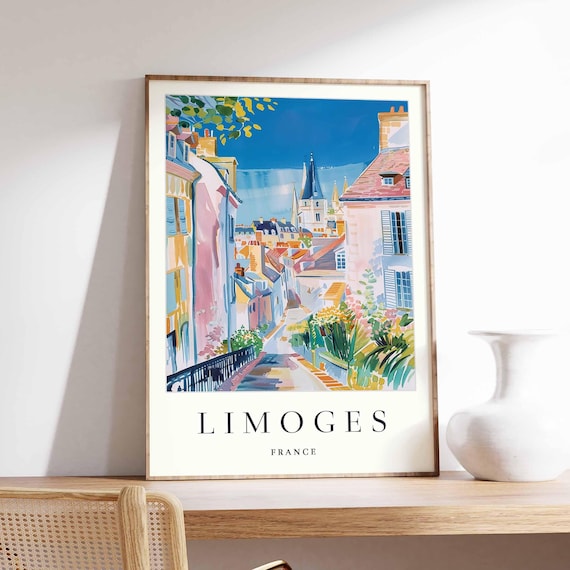 Limoges France Old Street Church View Watercolor Travel Poster