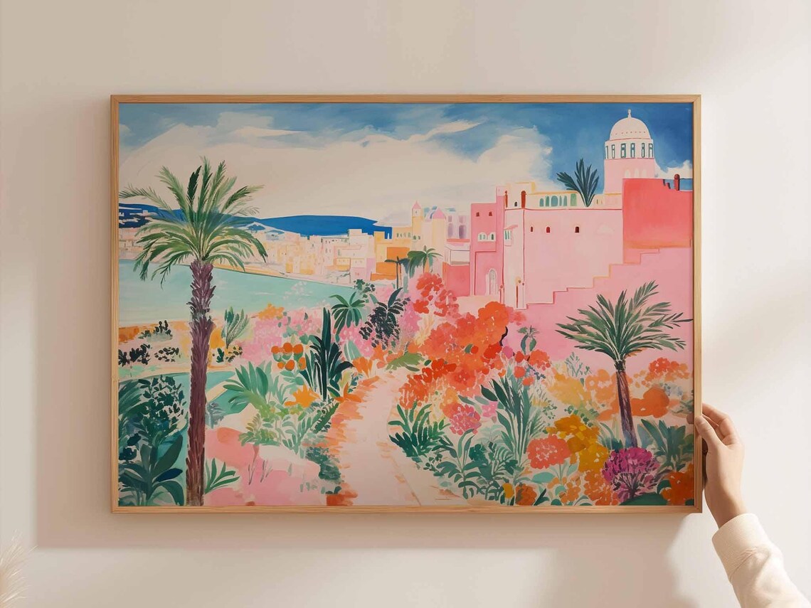 Algeria Pink Floral Hillside Old Town Seaside Garden Wall Art