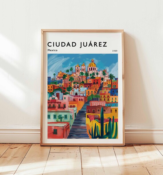 Ciudad Juarez Mexico 1989 Stepped Street Palms Watercolor Travel Poster