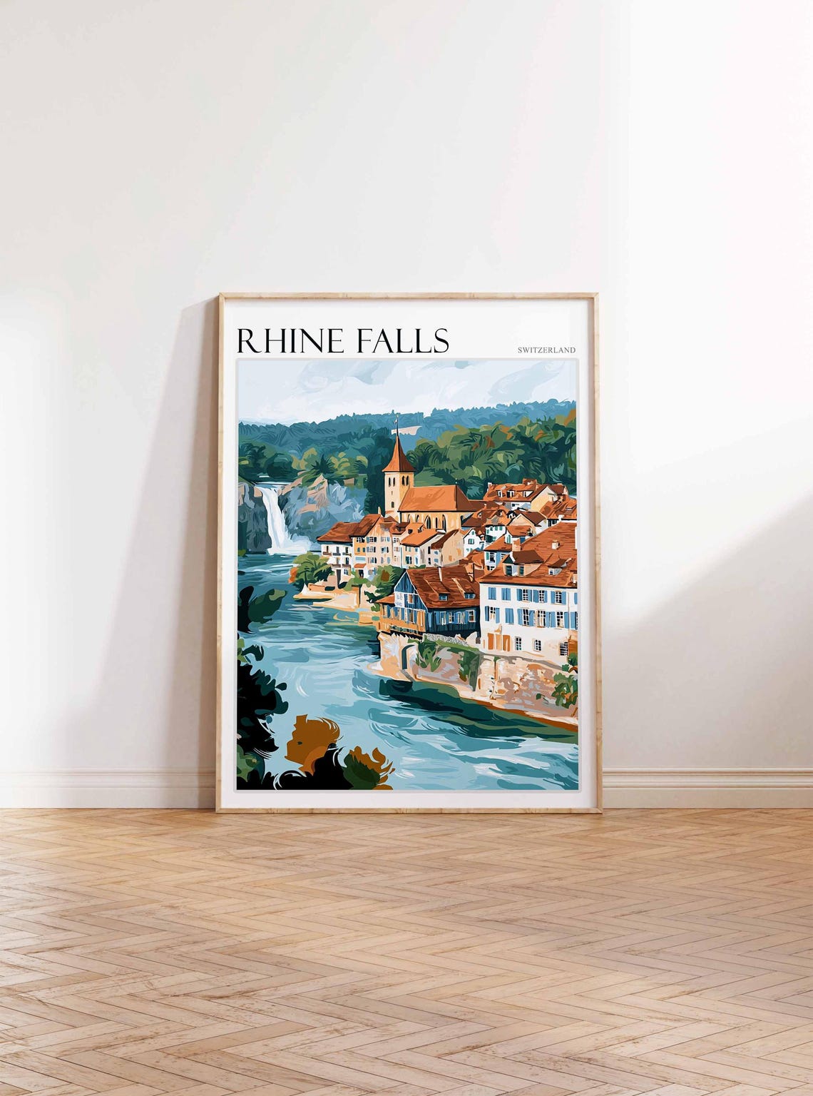 Rhine Falls Switzerland Riverside Village Waterfall View Poster - Image 2