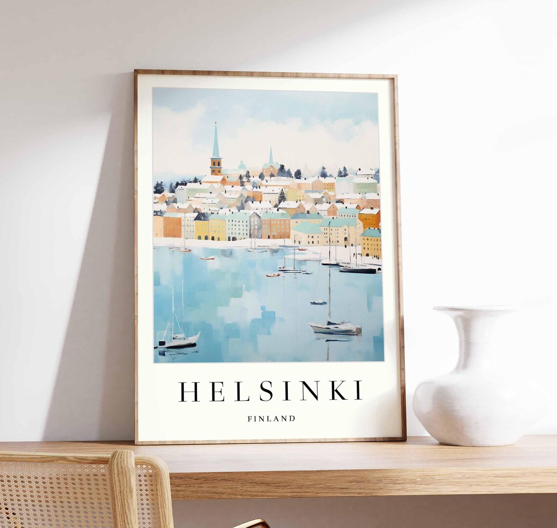 Helsinki Finland Winter Panorama Poster Sailboats on Icy Blue Water