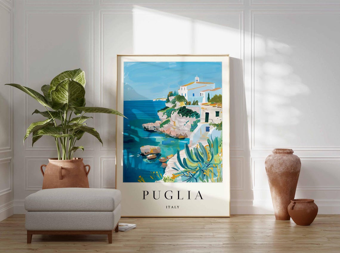 Puglia Italy Whitewashed Cliff Town White Church Turquoise Cove Poster - Image 4