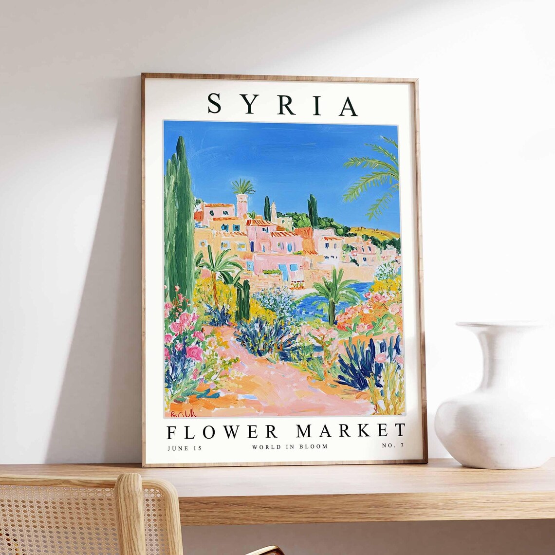 Syria Sunny Village Cypress Rose Garden Path Pastel Art Poster
