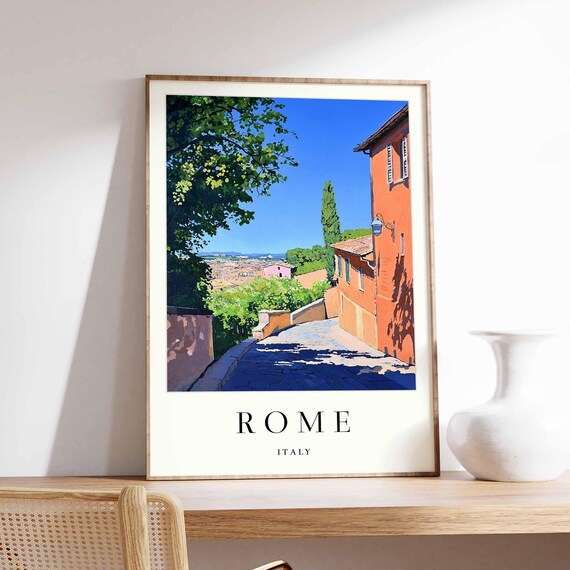Rome Italy Cobbled Stairway Beside Orange House Sweeping City Panorama Travel Poster