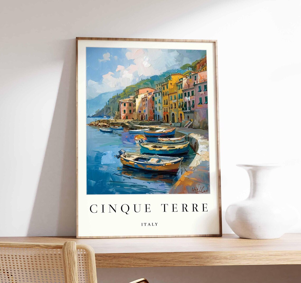 Cinque Terre Harbor With Fishing Boats Waterfront Painting Poster