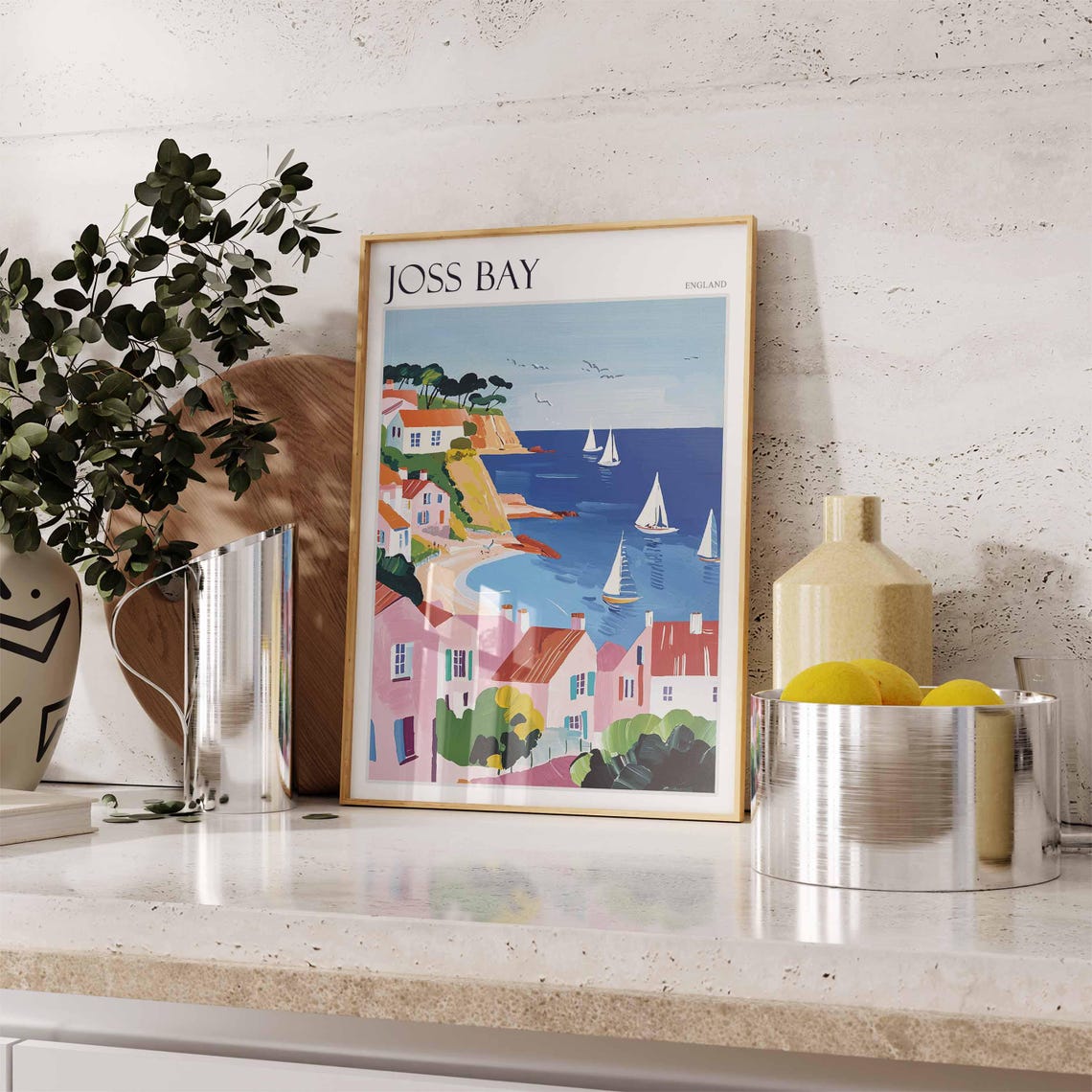 Joss Bay England Cliffside Pink Houses Sailing Bay View Poster - Image 2