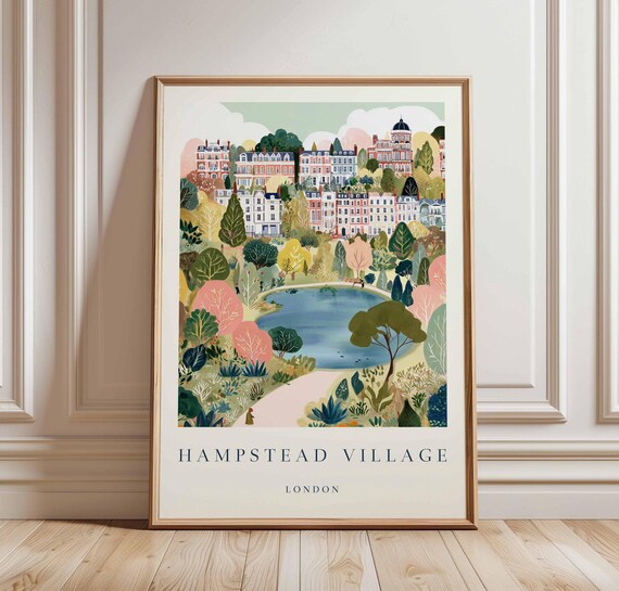 Hampstead Village London Garden Pond Pink Trees Travel Poster