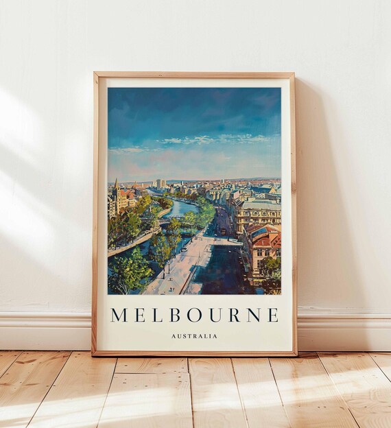 Melbourne Aerial River Bend Cityscape Bridge Australia Travel Poster