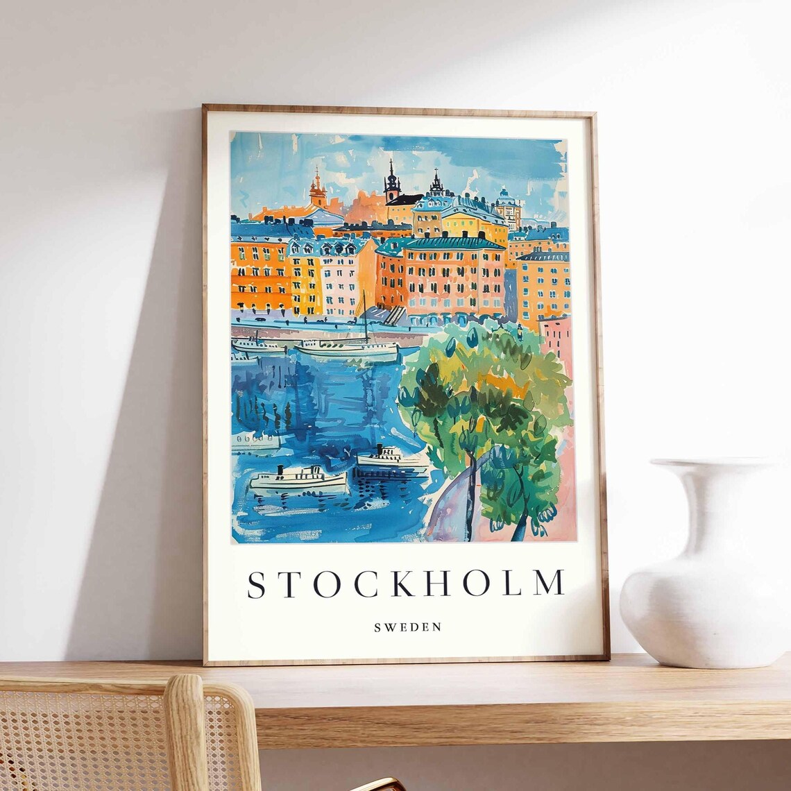 Stockholm Sweden Colorful City Canal Boats Watercolor Art Poster