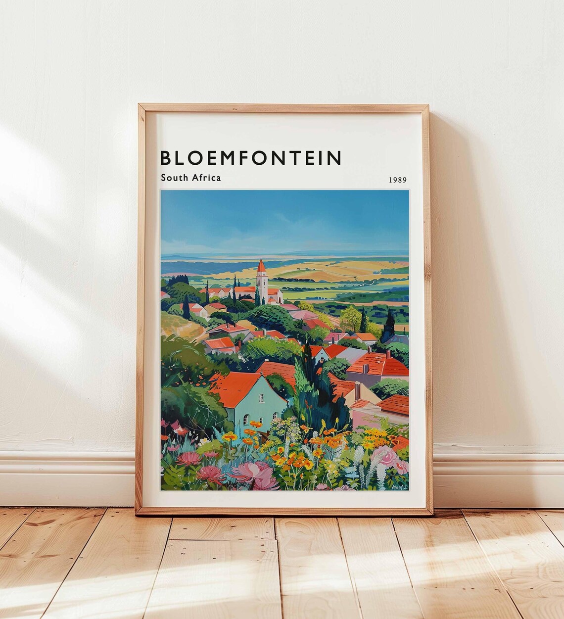 Bloemfontein South Africa 1989 Village Wildflowers Church Watercolor Travel Poster
