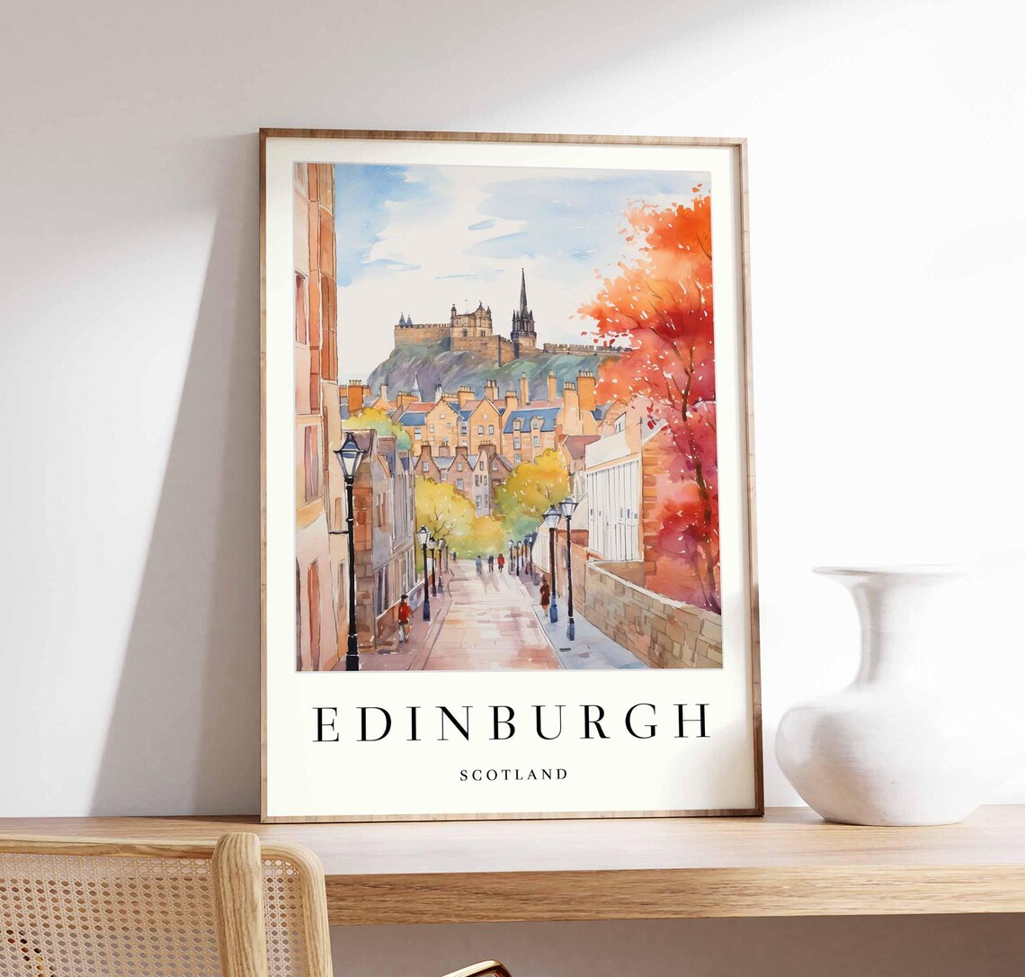 Edinburgh Autumn Watercolor Castle Rock Old Street Scene Poster