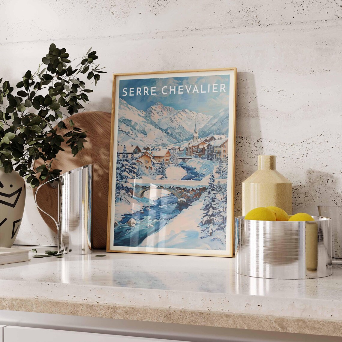 Serre Chevalier France Village Church Above Winding Blue River Poster - Image 2