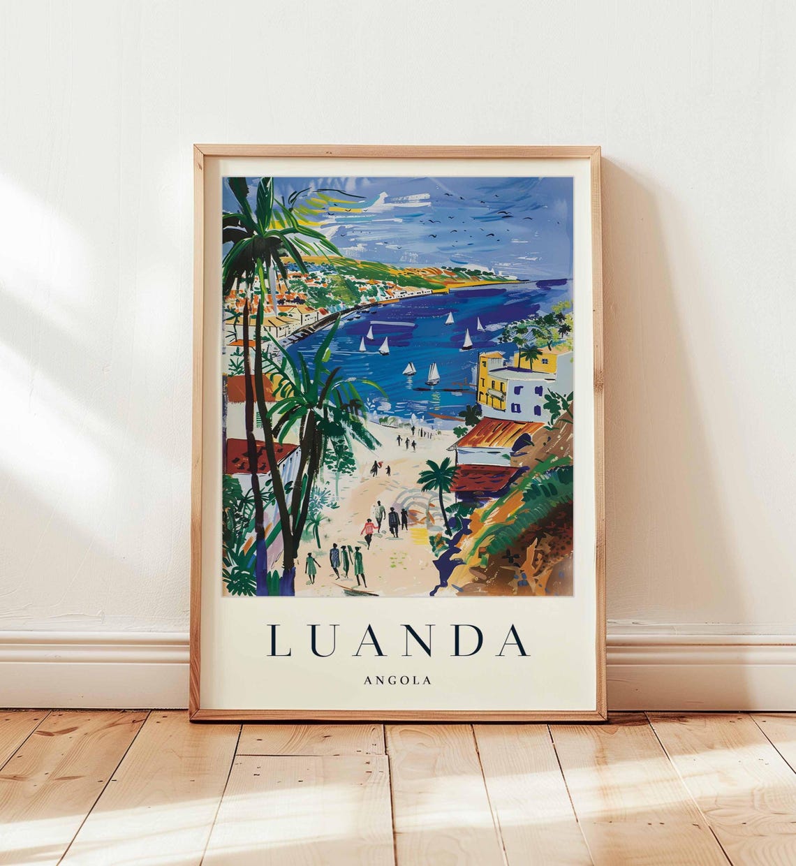 Luanda Angola Vibrant Sailboat Beach Palm Trees Travel Poster