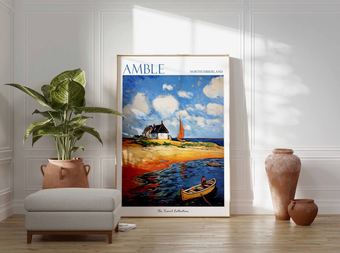 Amble Northumberland Sunset Beach Boats Painting Travel Poster - Image 2