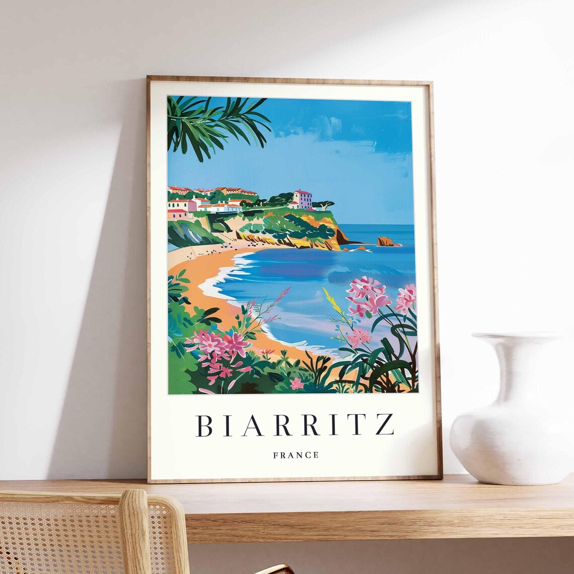 Biarritz France Travel Art Beach Cove And Pink Flowers Print