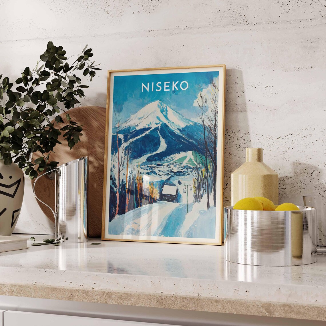 Niseko Japan Snow Capped Peak Chairlift Lodge Painted Ski Travel Poster - Image 2