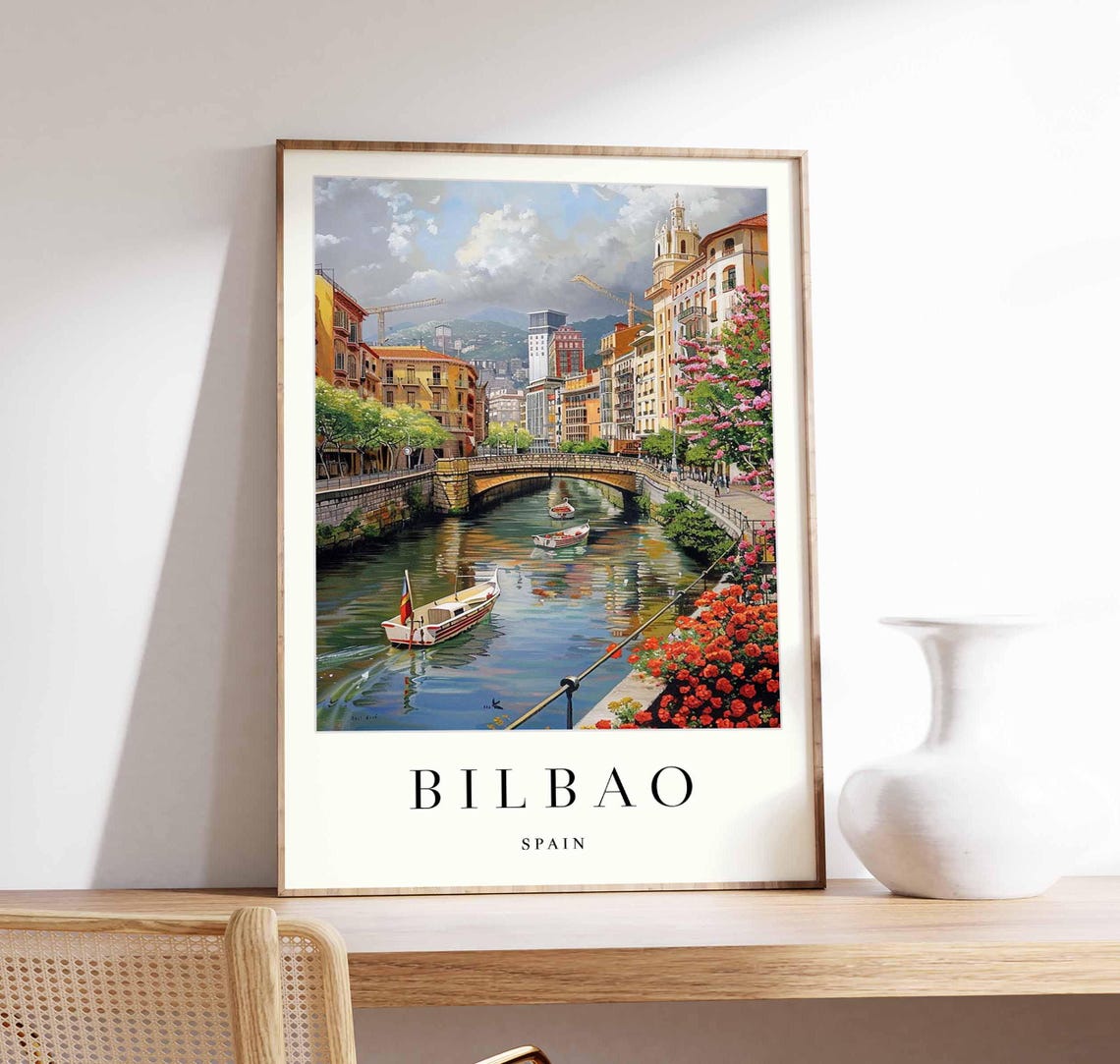 Bilbao Spain River Boat Bridge Flowers Travel Poster Basque Cityscape