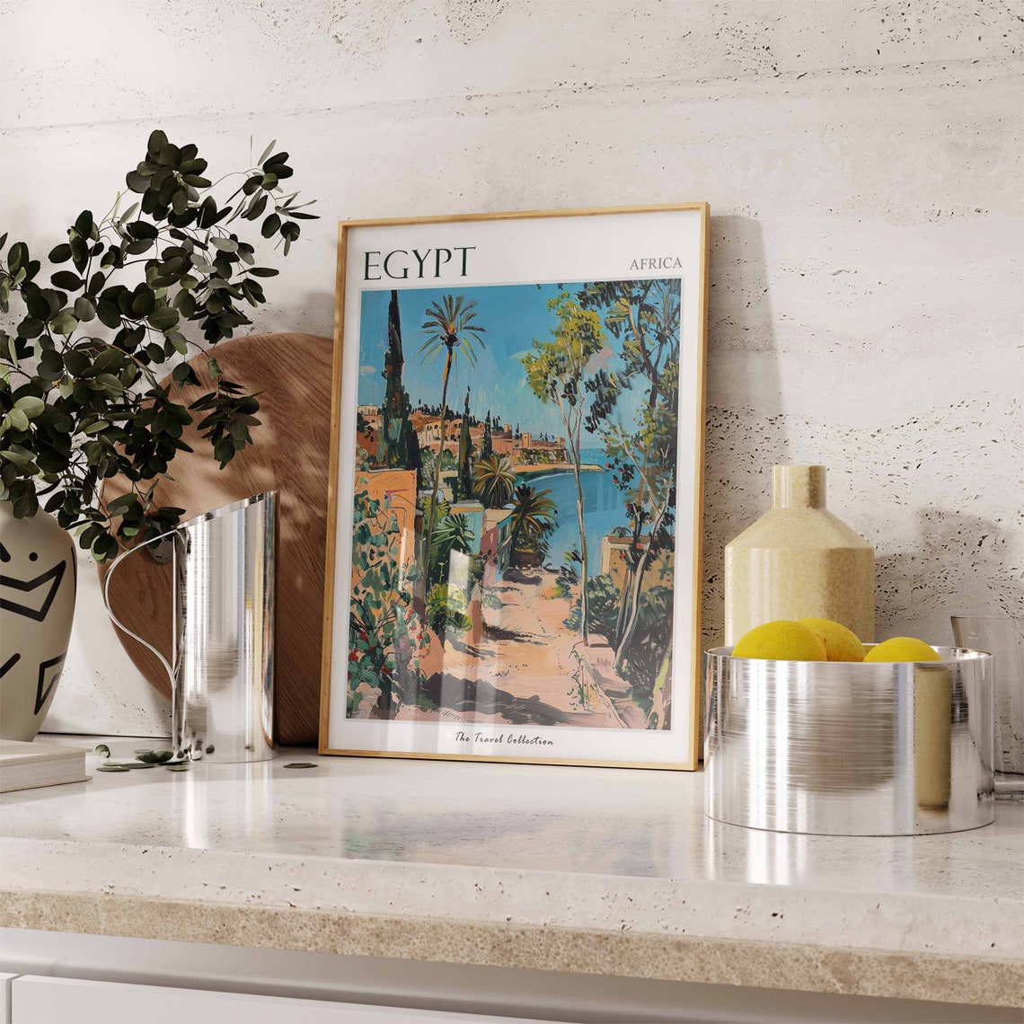 Egypt Africa Palm Lined Path to Sunlit Coastal Village Artwork Poster - Image 3
