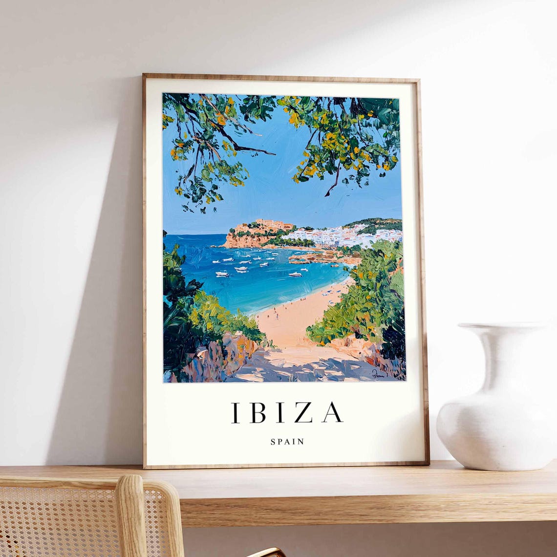 Ibiza Spain Sunny Mediterranean Cove Beach Painting Travel Poster