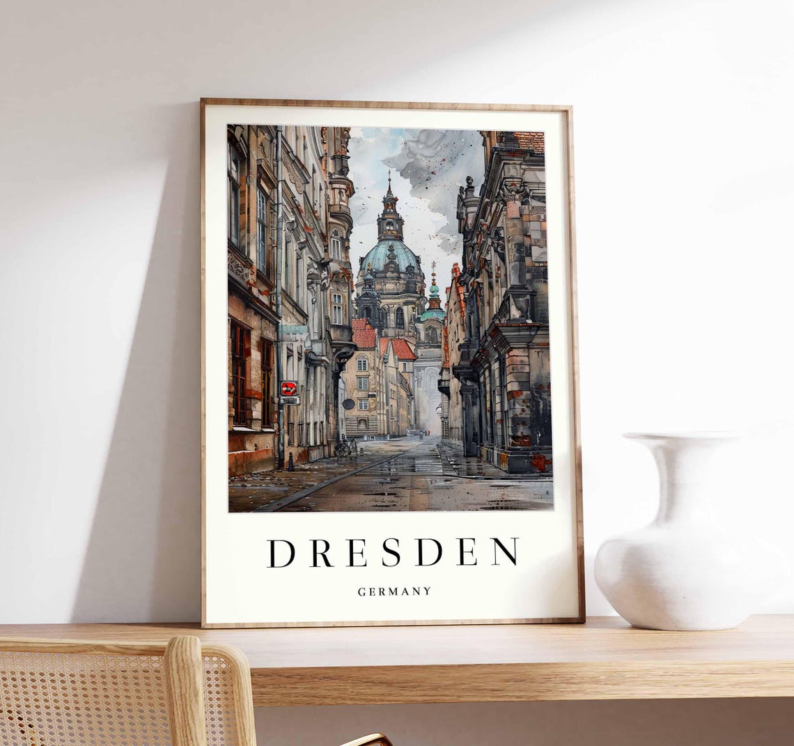 Dresden Germany Rain Wet Cobblestones Watercolor Domed Church Poster