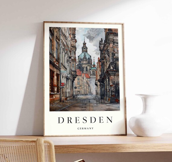 Dresden Germany Rain Wet Cobblestones Watercolor Domed Church Poster