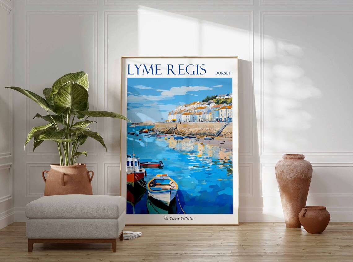 Lyme Regis Dorset Harbor Boats and Clifftop Town View Poster - Image 3