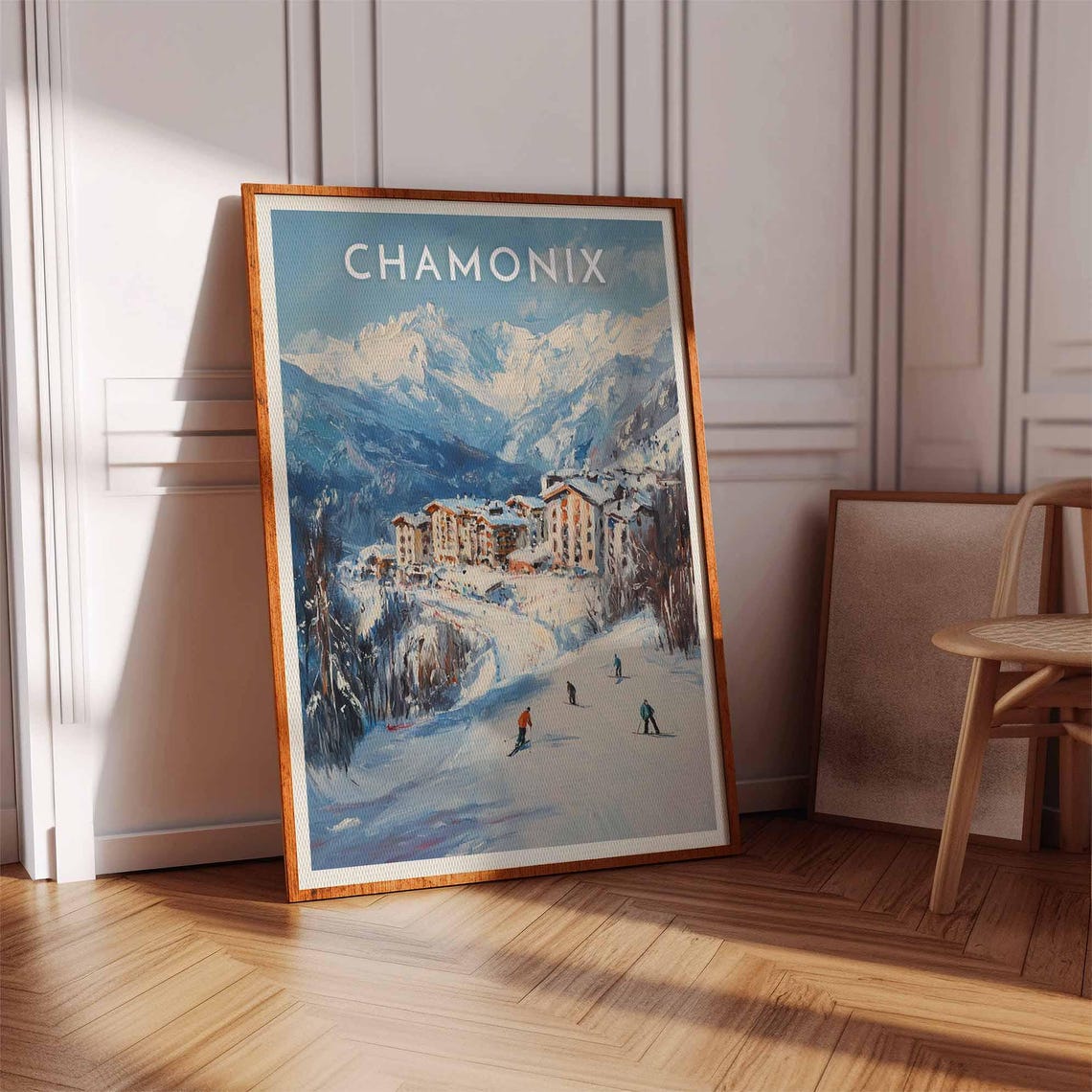 Chamonix Wide Sunny Ski Slope Village Pastel Mountain Poster - Image 2