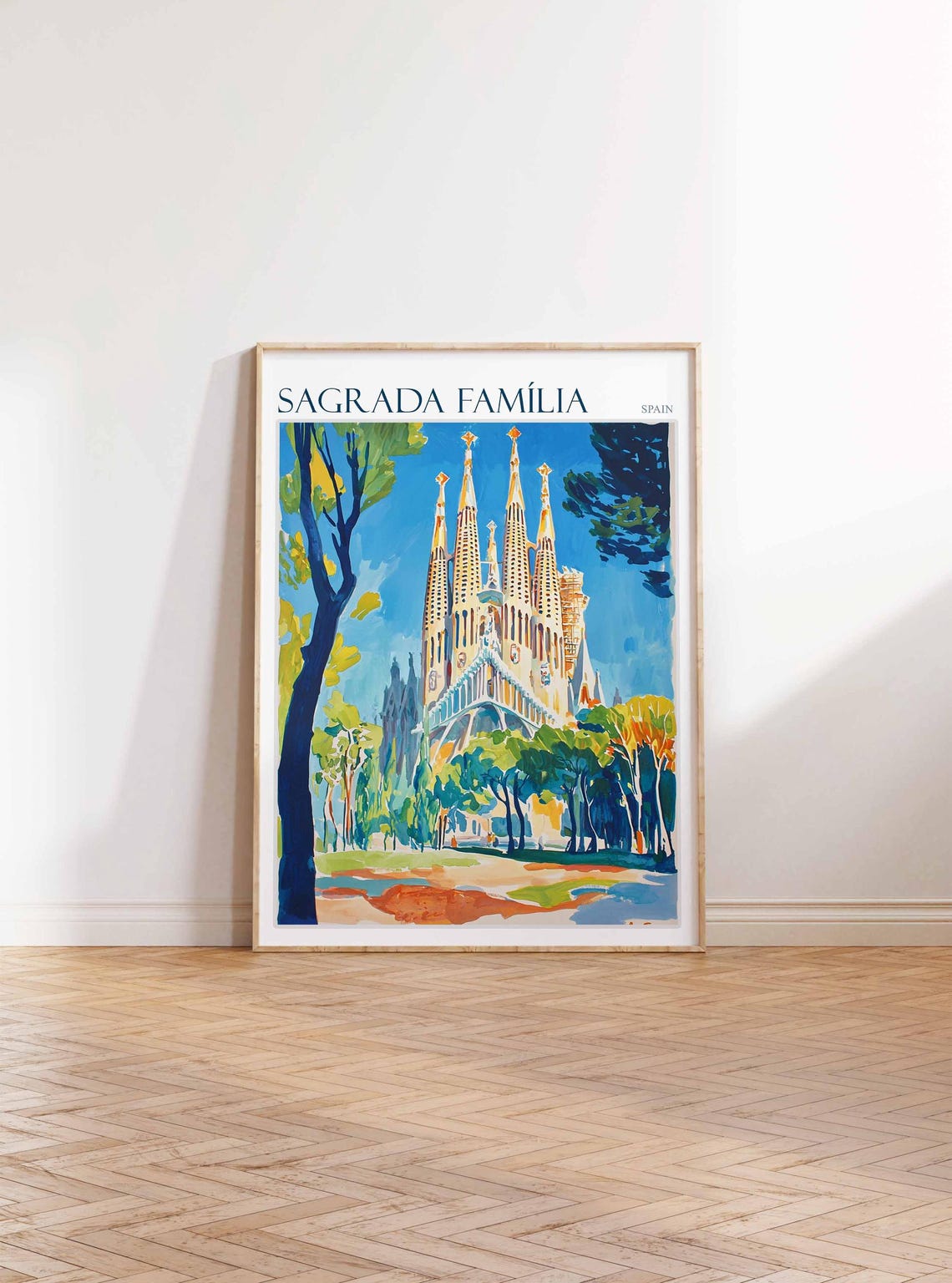 Sagrada Familia Between Tall Trees Painterly Spain Travel Poster - Image 2