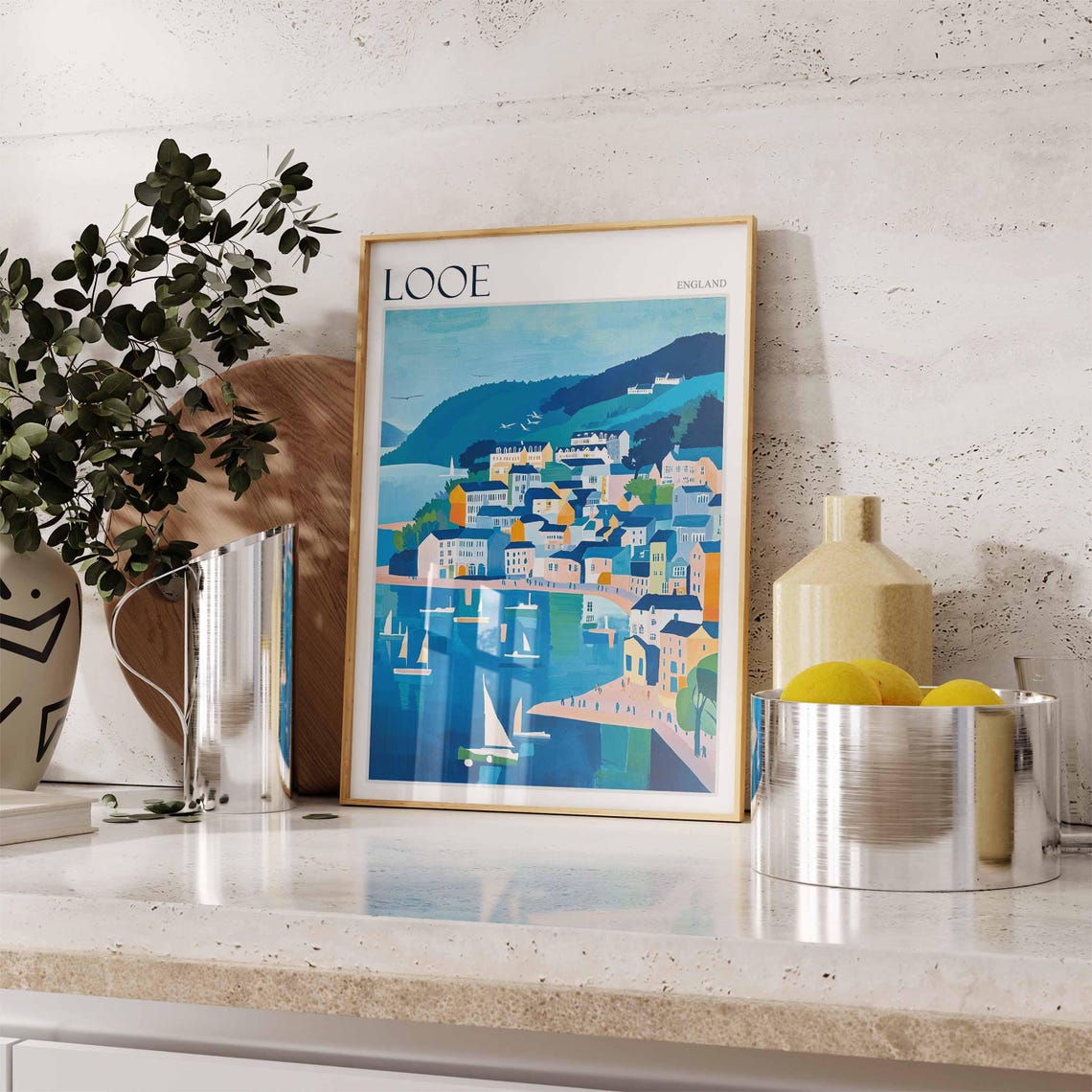 Looe England Panoramic Blue Harbor Sailboats Hillside Town Poster - Image 2
