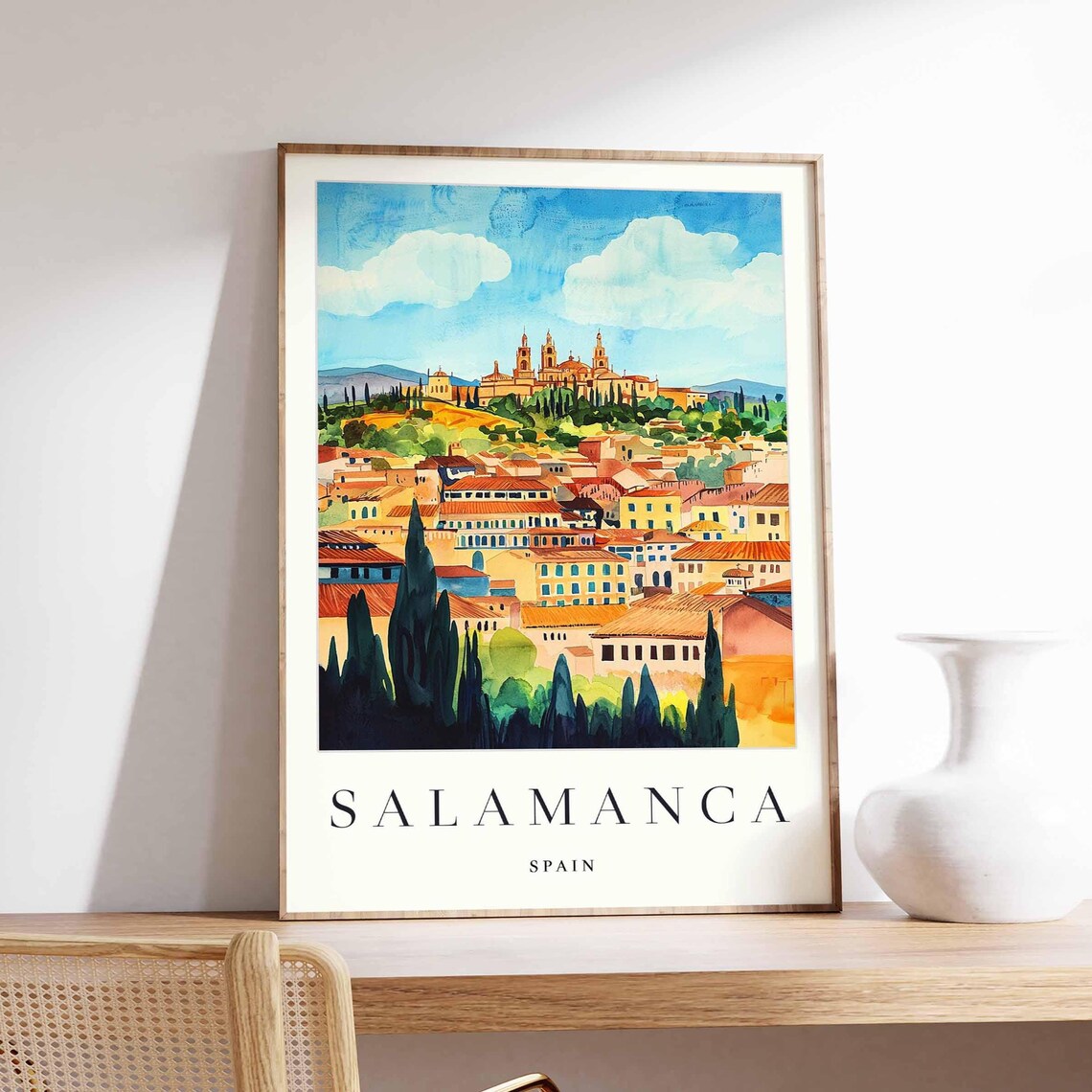 Salamanca Spain Poster With Watercolor City Panorama And Twin Towers